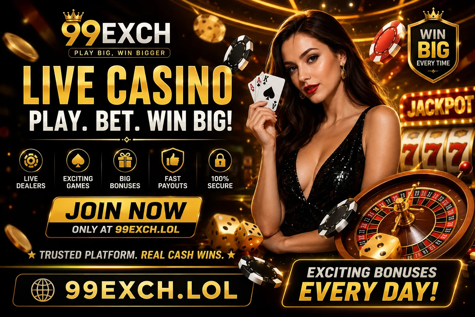 Live casino interface on 99Exch showing roulette and card tables
