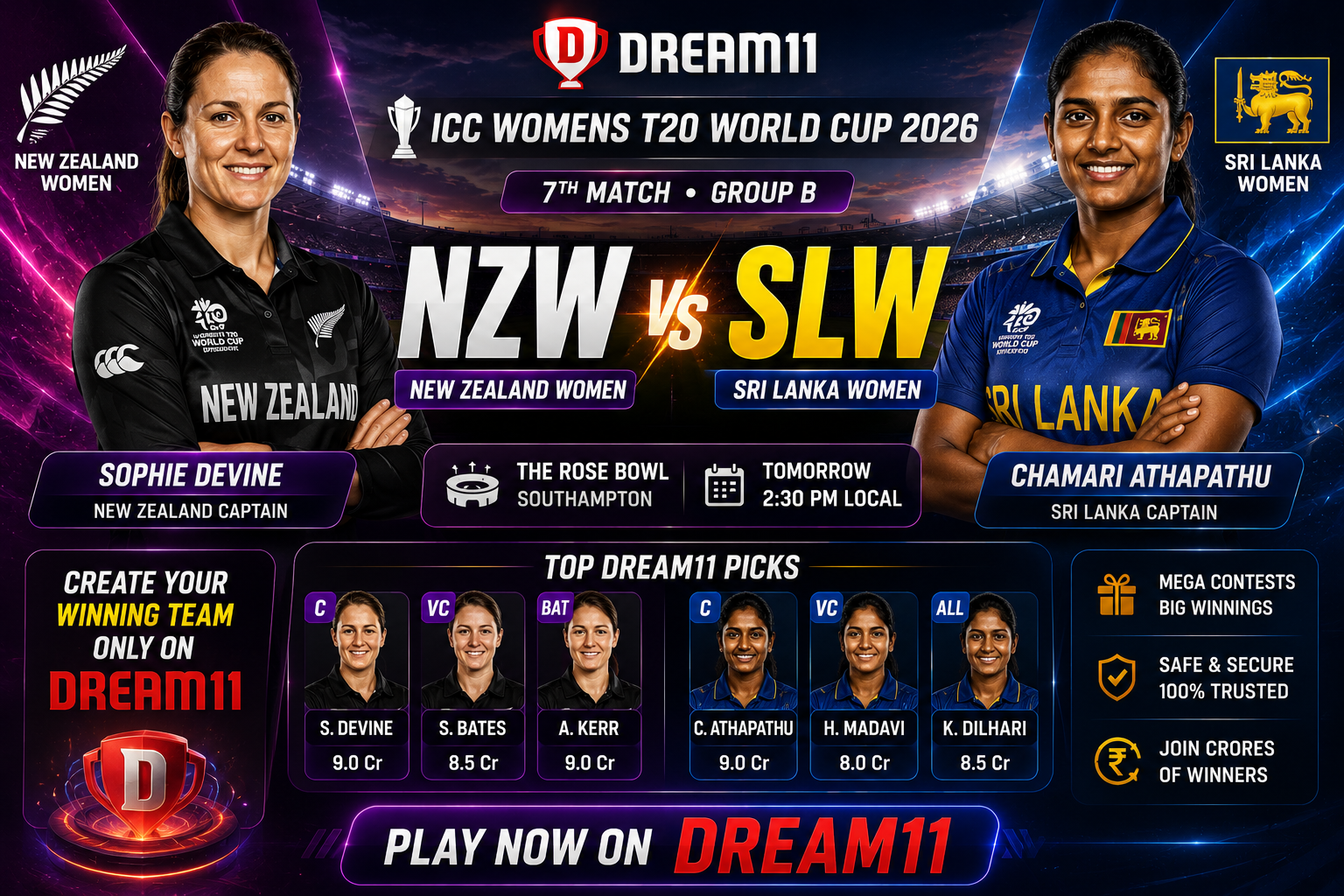 NZ-W vs SL-W Dream11 fantasy team prediction graphic