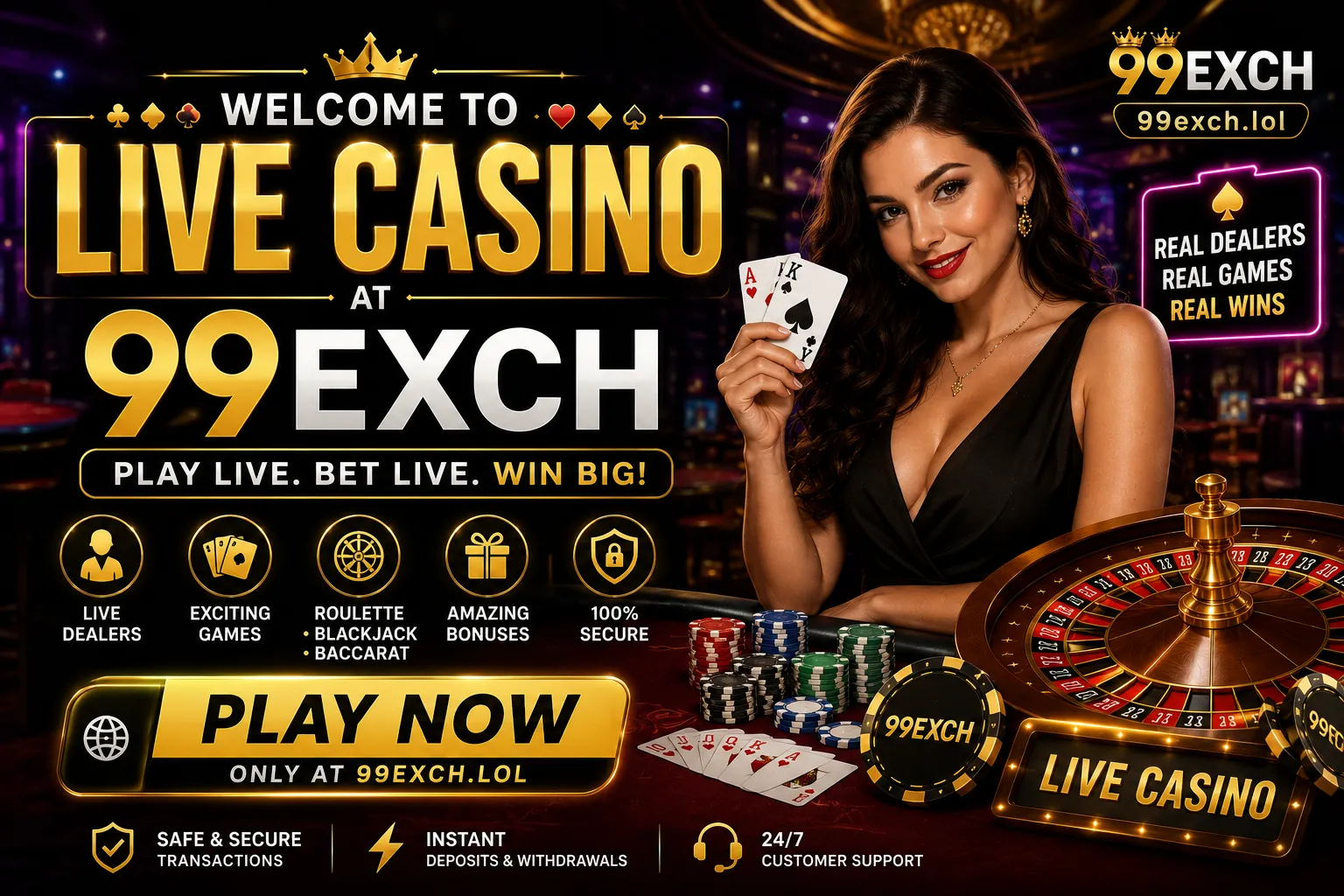 99Exch live casino welcome dashboard with real dealers and high limits