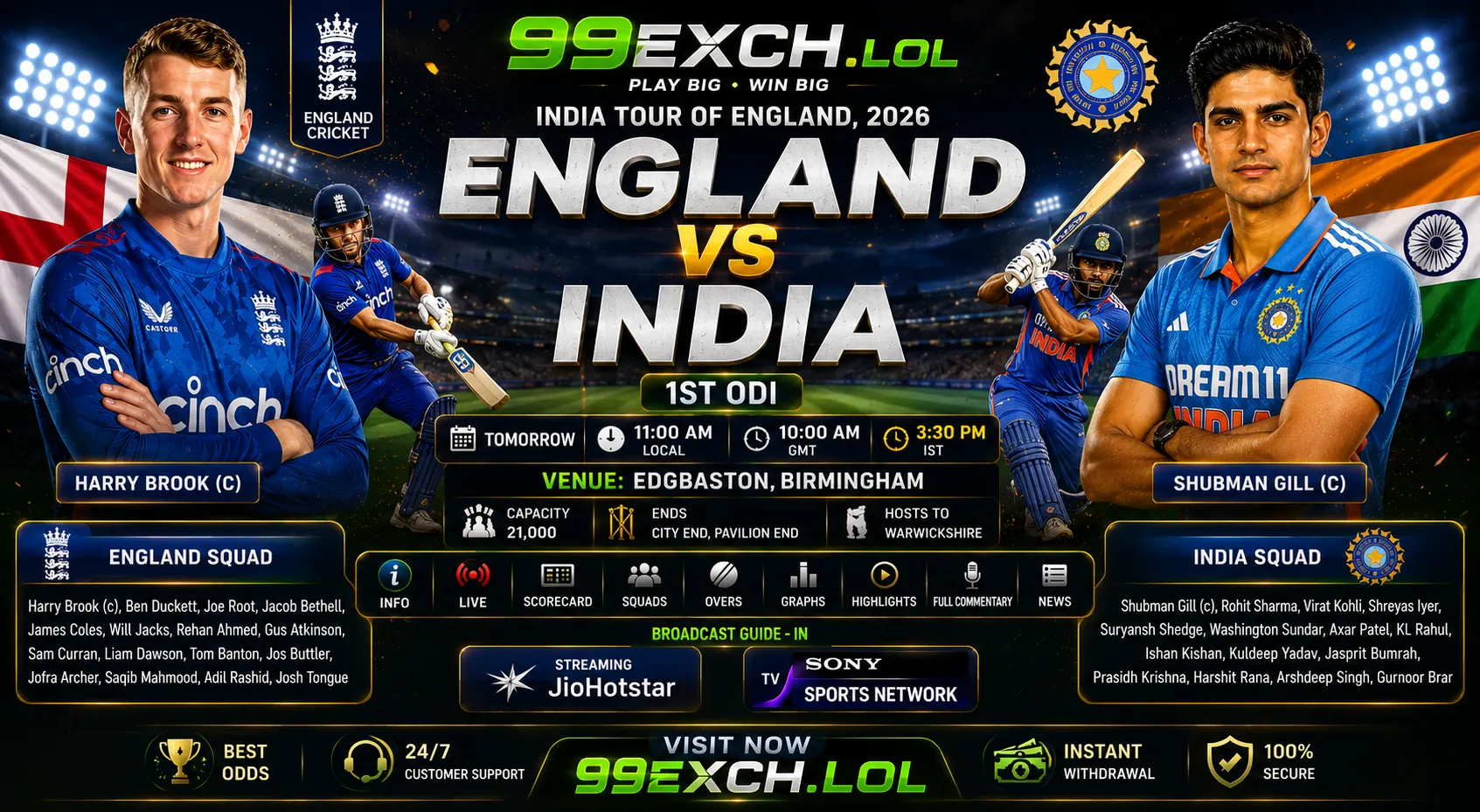 England vs India 1st ODI 2026 – Edgbaston Match Guide | 99Exch