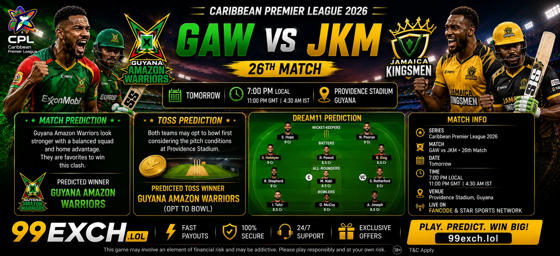 GAW vs JKM 26th Match Prediction CPL 2026 - Providence Stadium